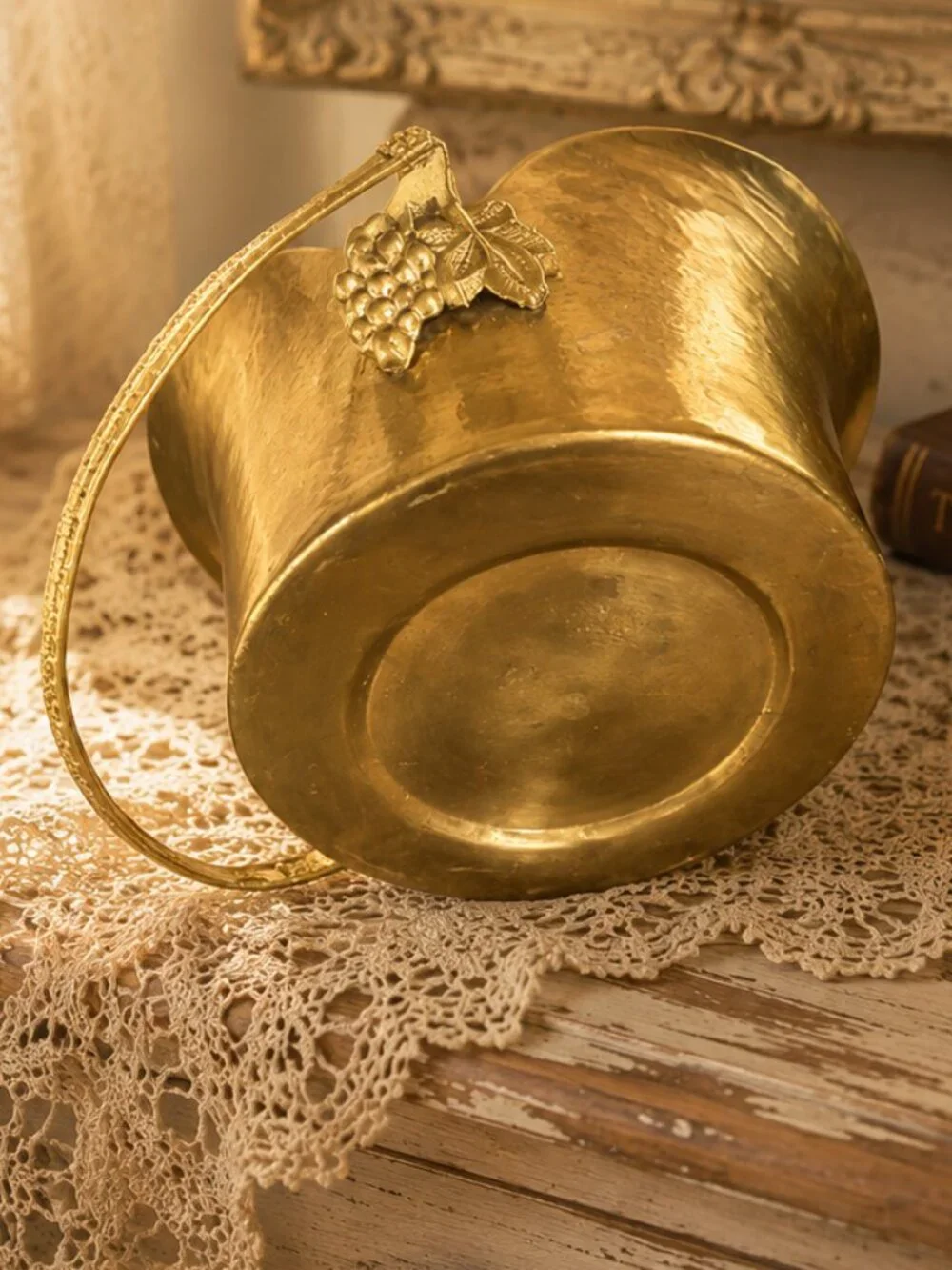 Vintage Solid Brass Basket Planter With Braided Handle and Grape Details